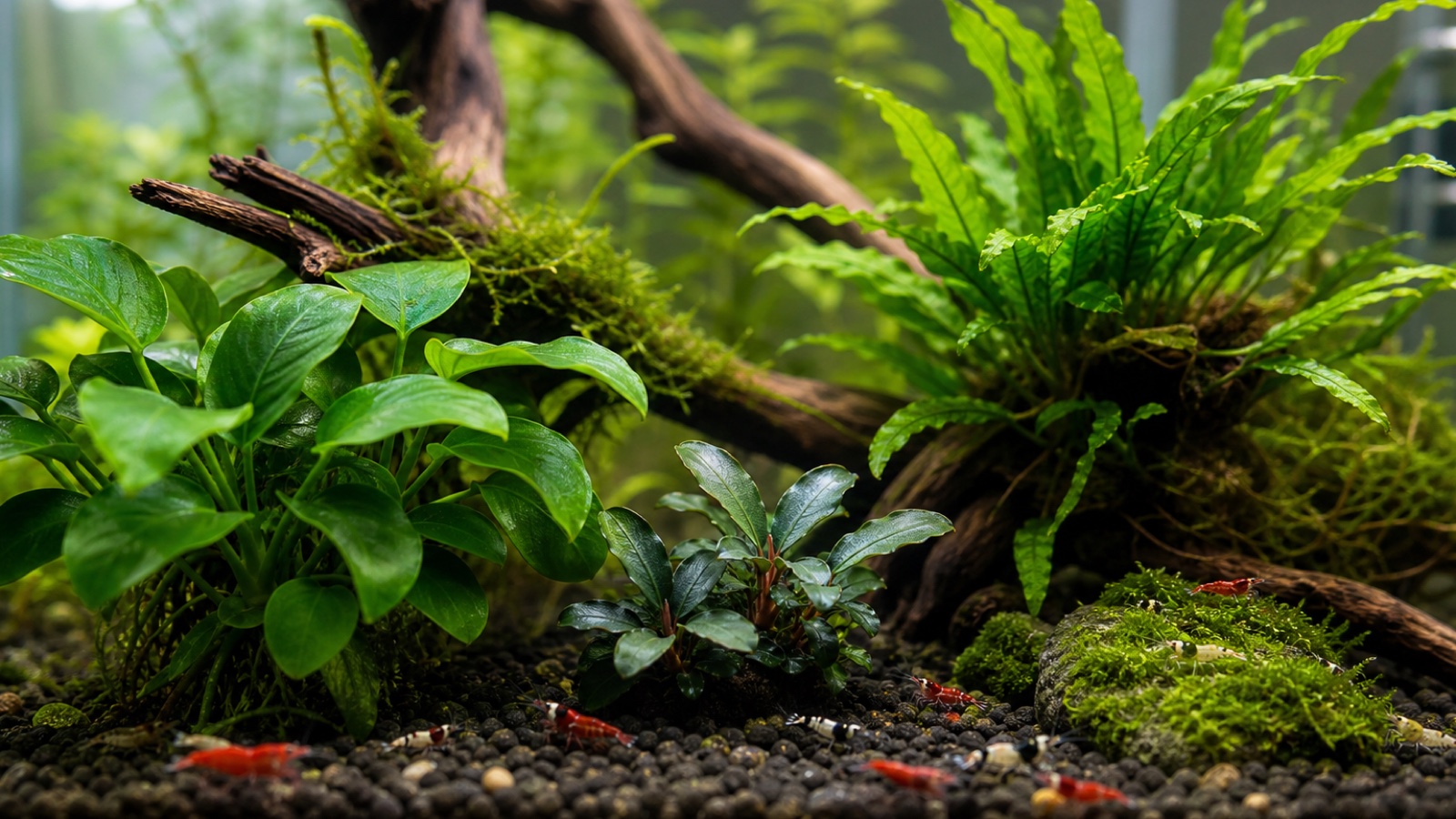 Anubias, Bucephalandra en javavaren veilig in een garnalenbak