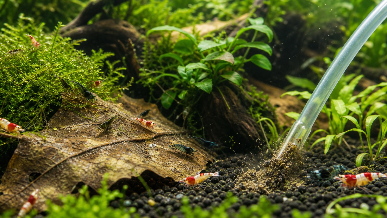 Biofilm of vuil in een garnalenbak: wat laat je zitten?