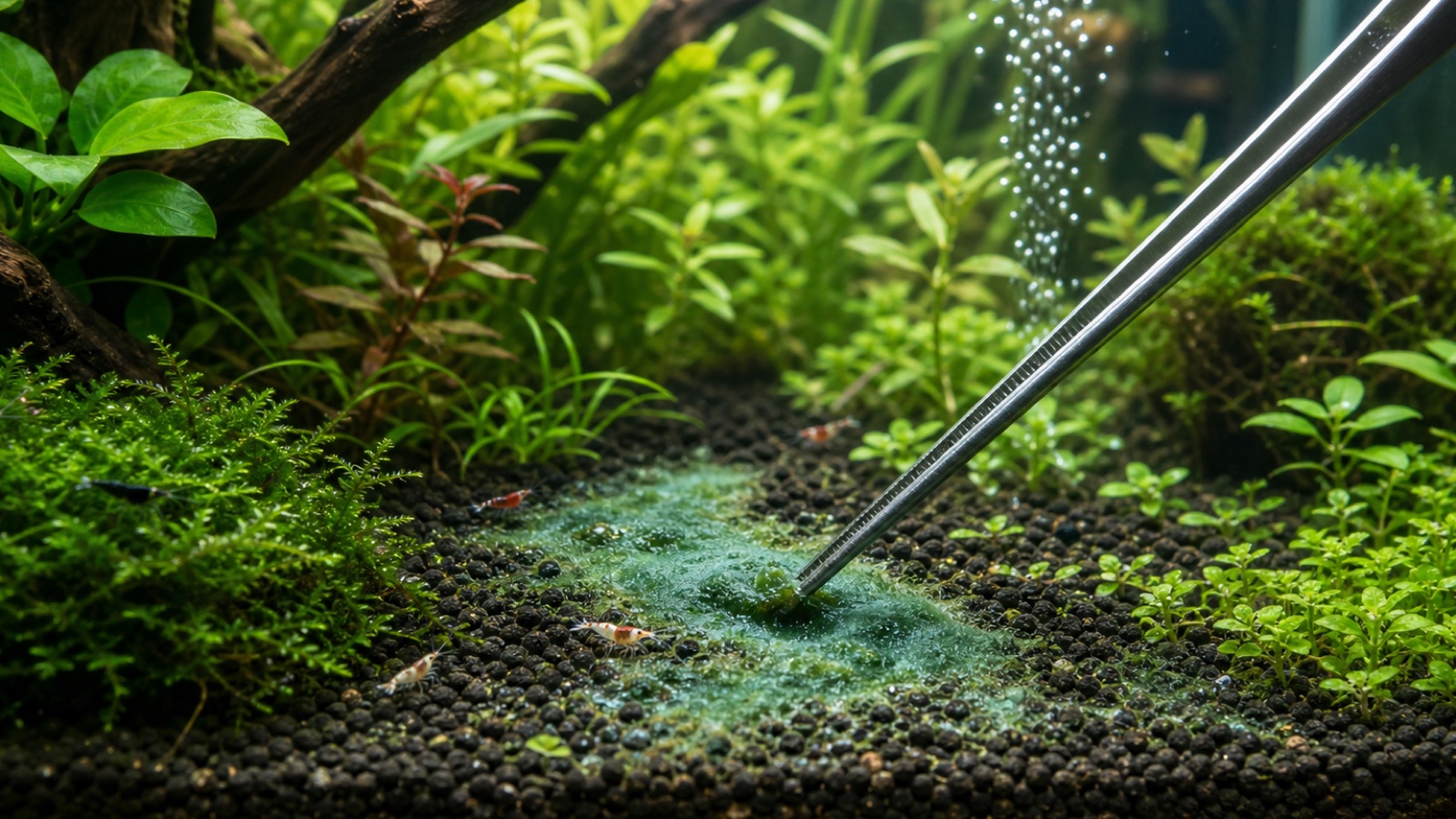 Blauwalg en cyanobacterie in een garnalenbak
