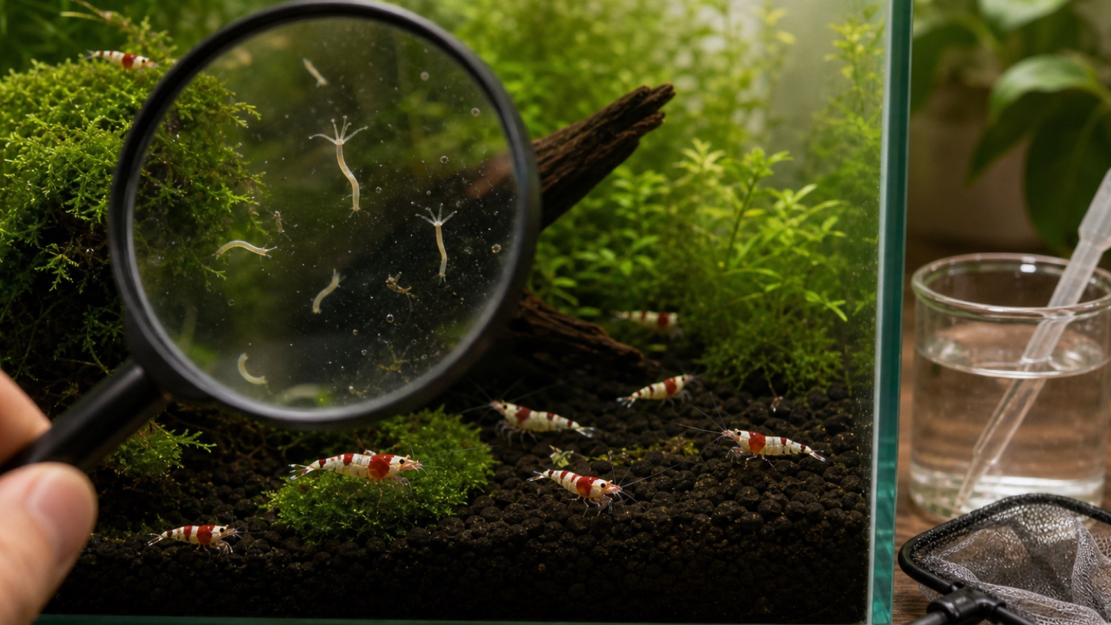 Hydra en planaria in een garnalenbak